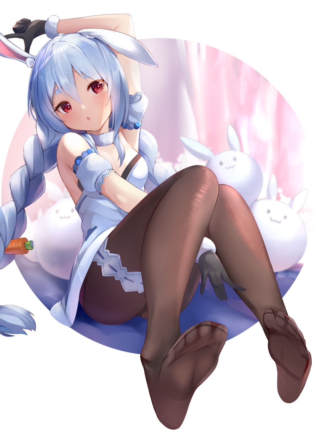 animal_ears bunny_ears bunny_girl dress feet garter hololive kananote pantyhose skirt_lift usada_pekora