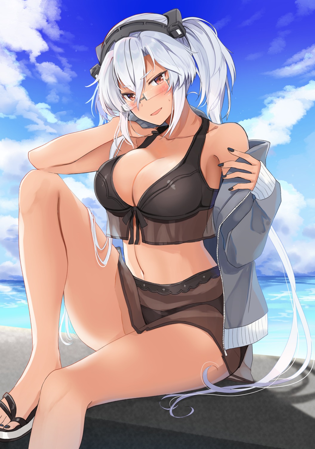 bikini kantai_collection megane musashi_(kancolle) open_shirt see_through skirt_lift swimsuits undressing yunamaro