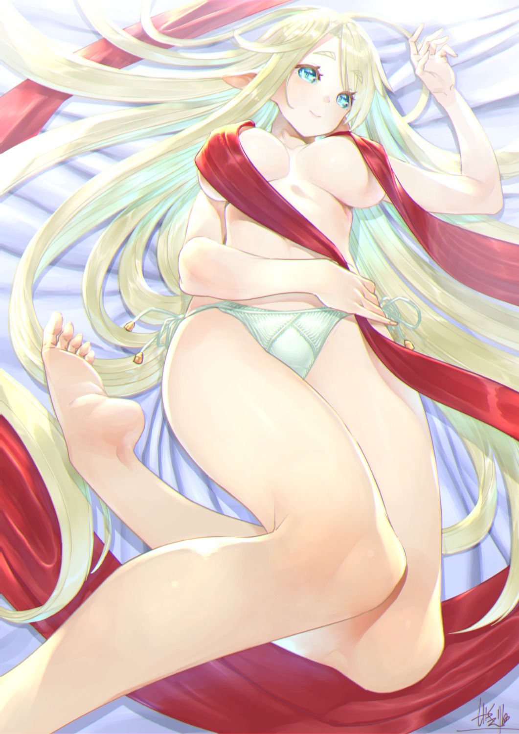 elf feet kawarage pantsu pointy_ears string_panties topless