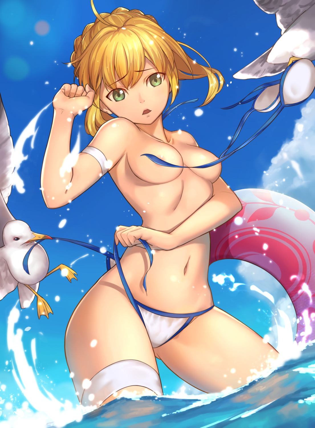 areola bikini fate/stay_night garter panty_pull saber swimsuits topless tsuki_suigetsu undressing wardrobe_malfunction wet