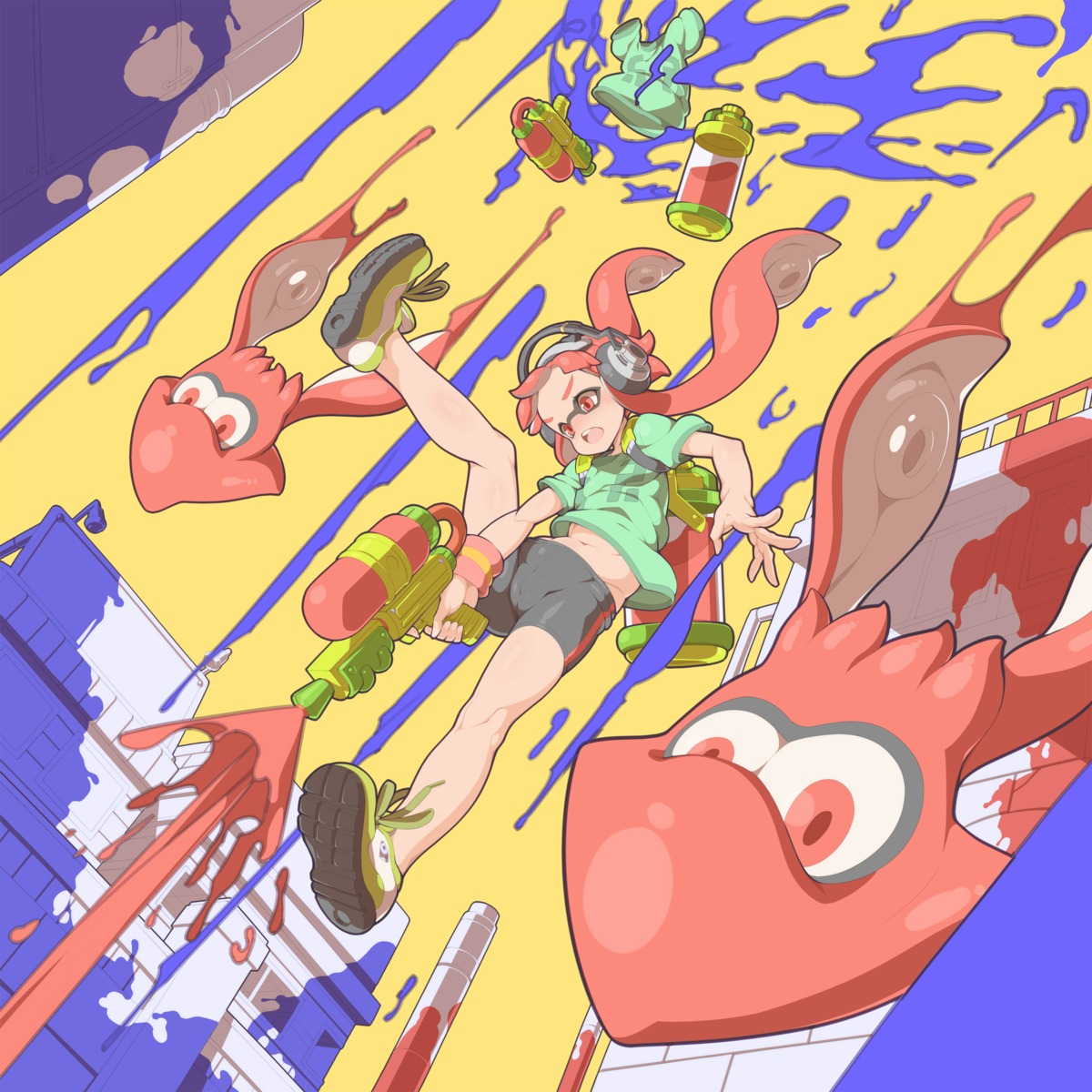 bike_shorts cameltoe gun headphones inkling_(splatoon) splatoon tenako