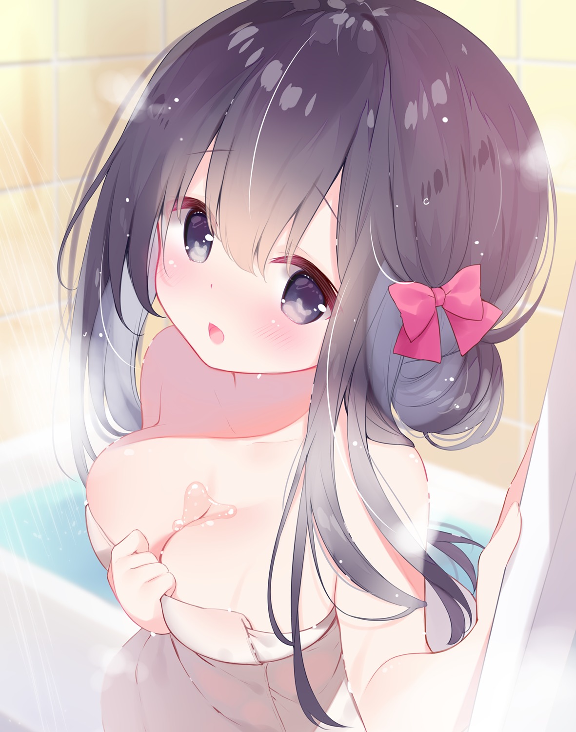 ame_usari bathing breast_hold towel wet
