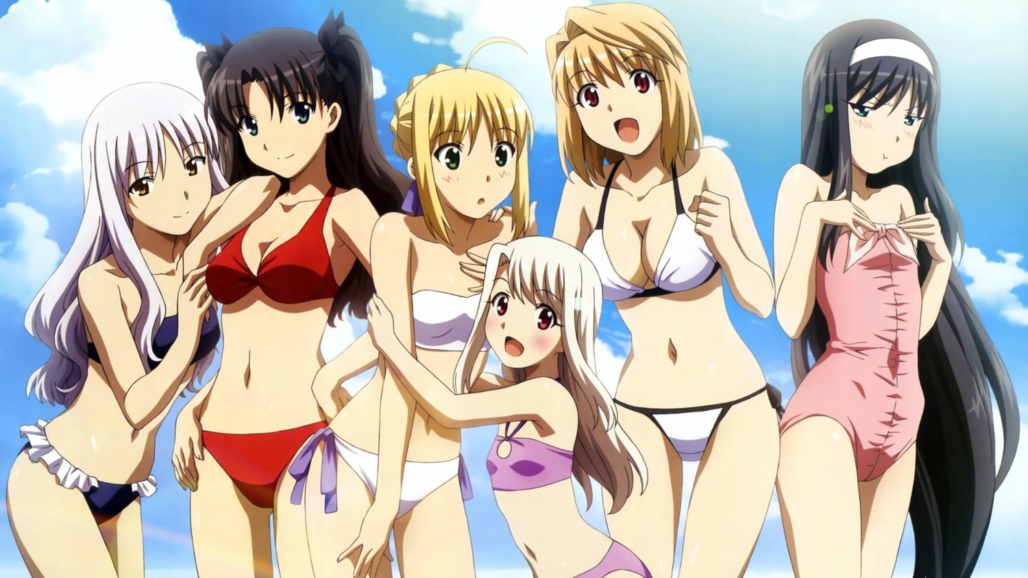 amisaki_ryouko arcueid_brunestud bikini caren_hortensia carnival_phantasm cleavage crossover fate/hollow_ataraxia fate/stay_night illyasviel_von_einzbern saber swimsuits toono_akiha toosaka_rin tsukihime