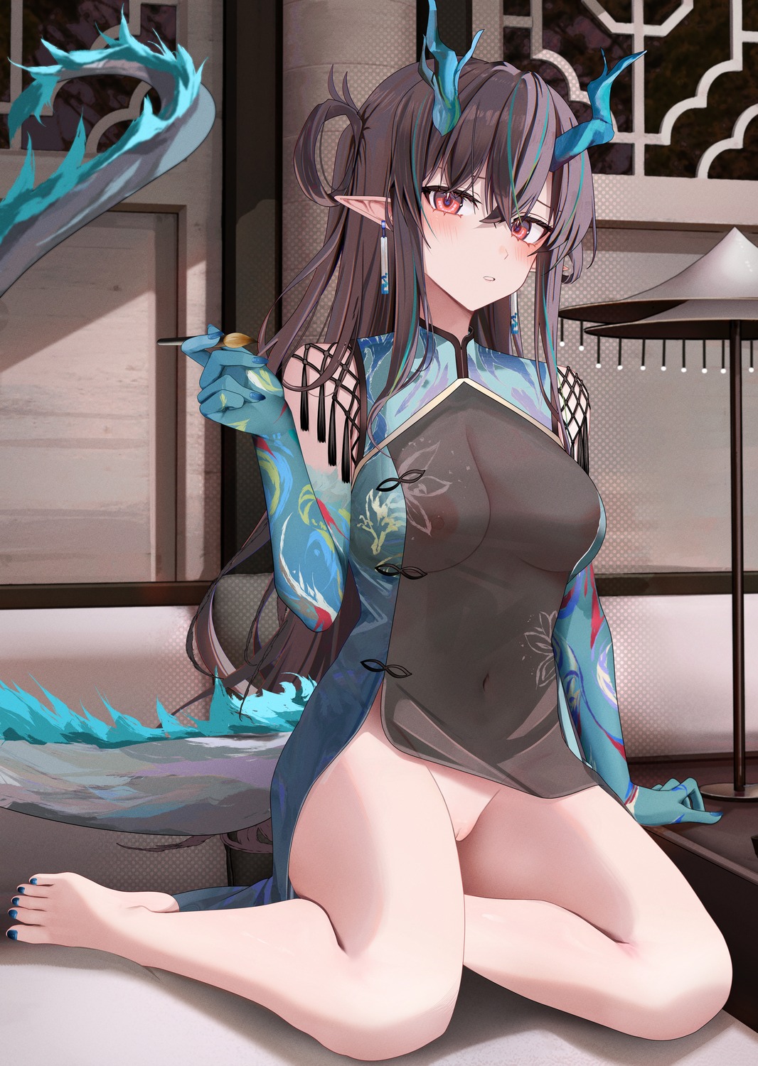 arknights chinadress dusk_(arknights) horns nipples nopan pointy_ears pussy ru_zhai see_through skirt_lift tail uncensored