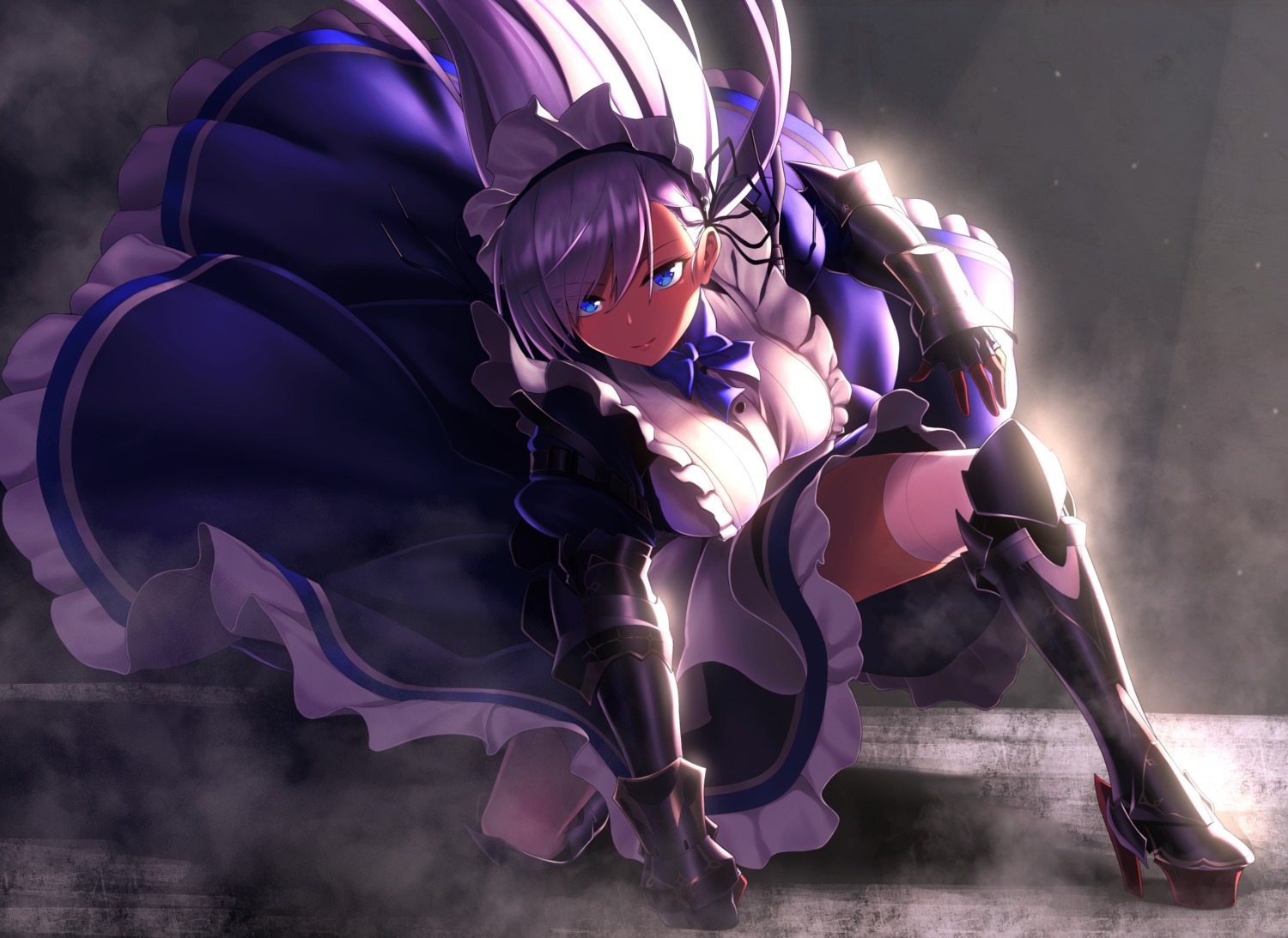 armor azur_lane belfast_(azur_lane) greenkohgen heels maid skirt_lift thighhighs