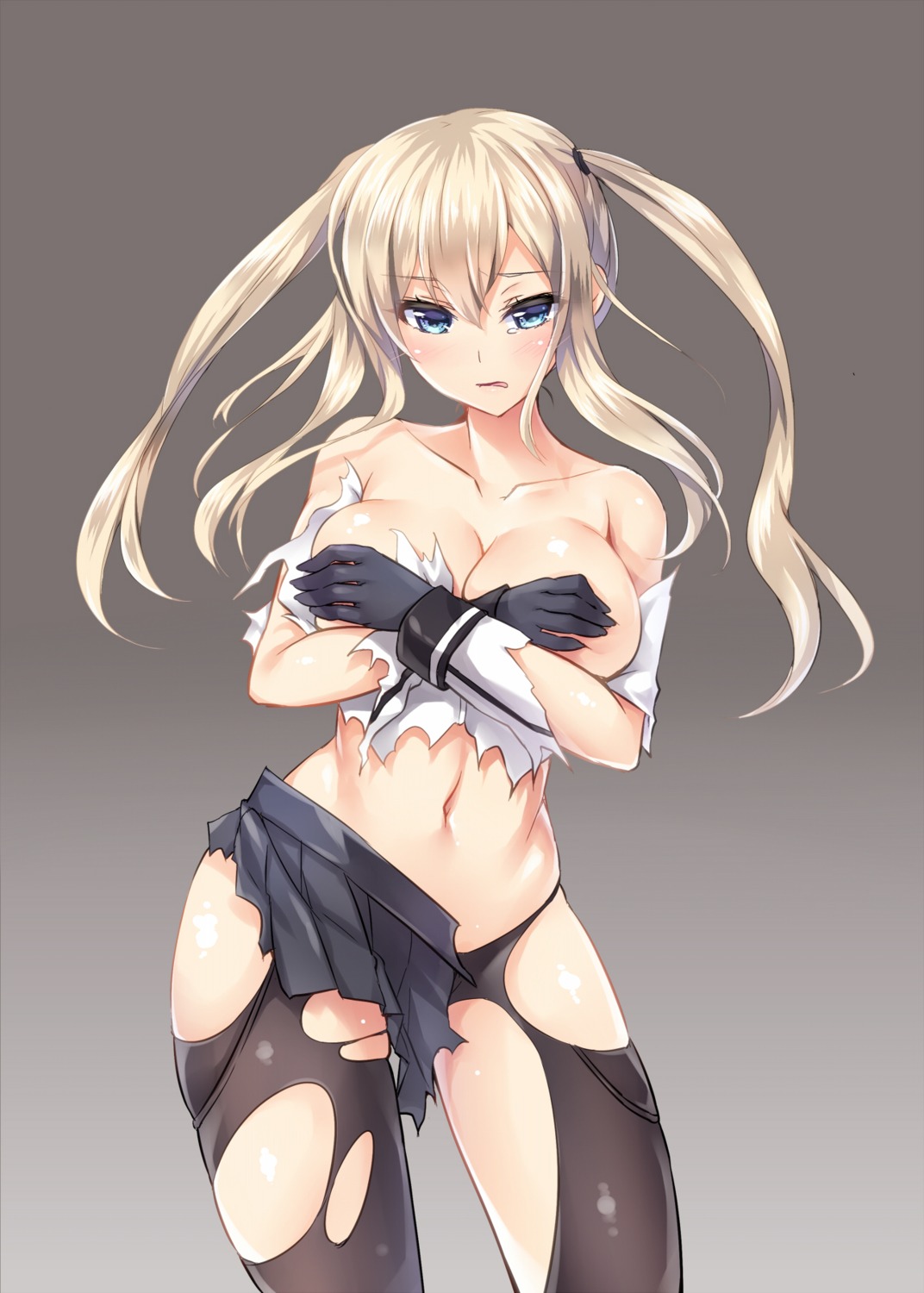 aquapit breast_hold breasts cleavage graf_zeppelin_(kancolle) kantai_collection no_bra nopan pantyhose torn_clothes uniform