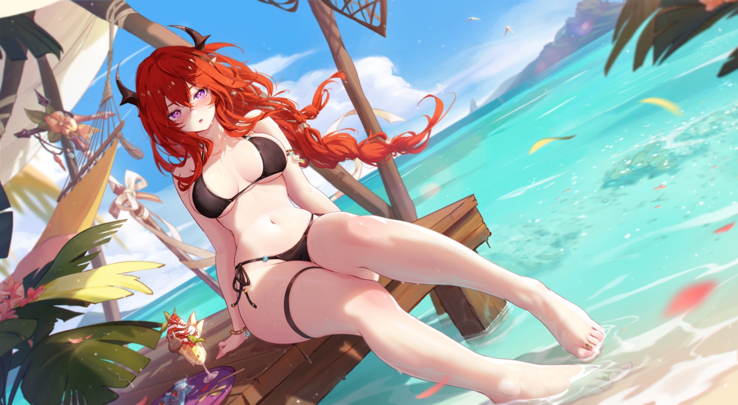 arknights bikini garter horns mitsu_(mitsu_art) surtr_(arknights) swimsuits wet