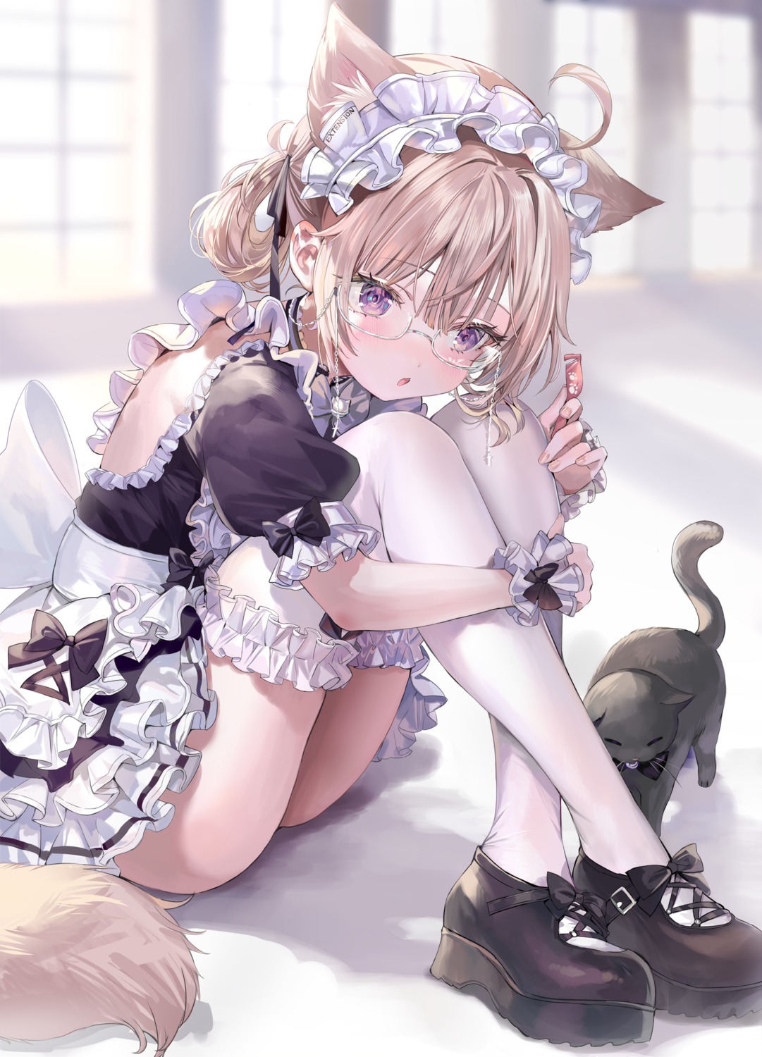 animal_ears maid megane momoko_(momopoco) neko nekomimi skirt_lift tail thighhighs