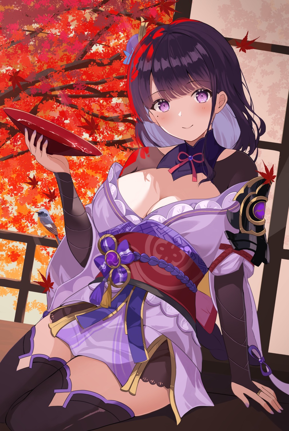 armor genshin_impact japanese_clothes no_bra open_shirt raiden_shogun rererere_mon sake thighhighs