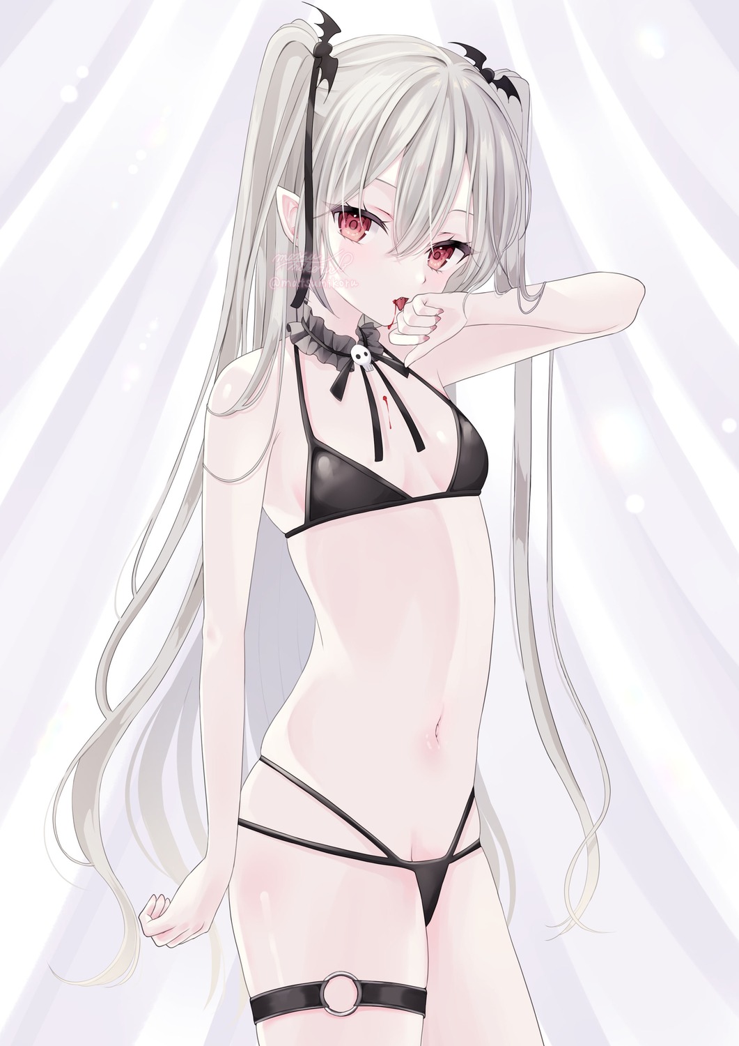 bikini blood garter murur_(matsumikoru) pointy_ears swimsuits thong watermark