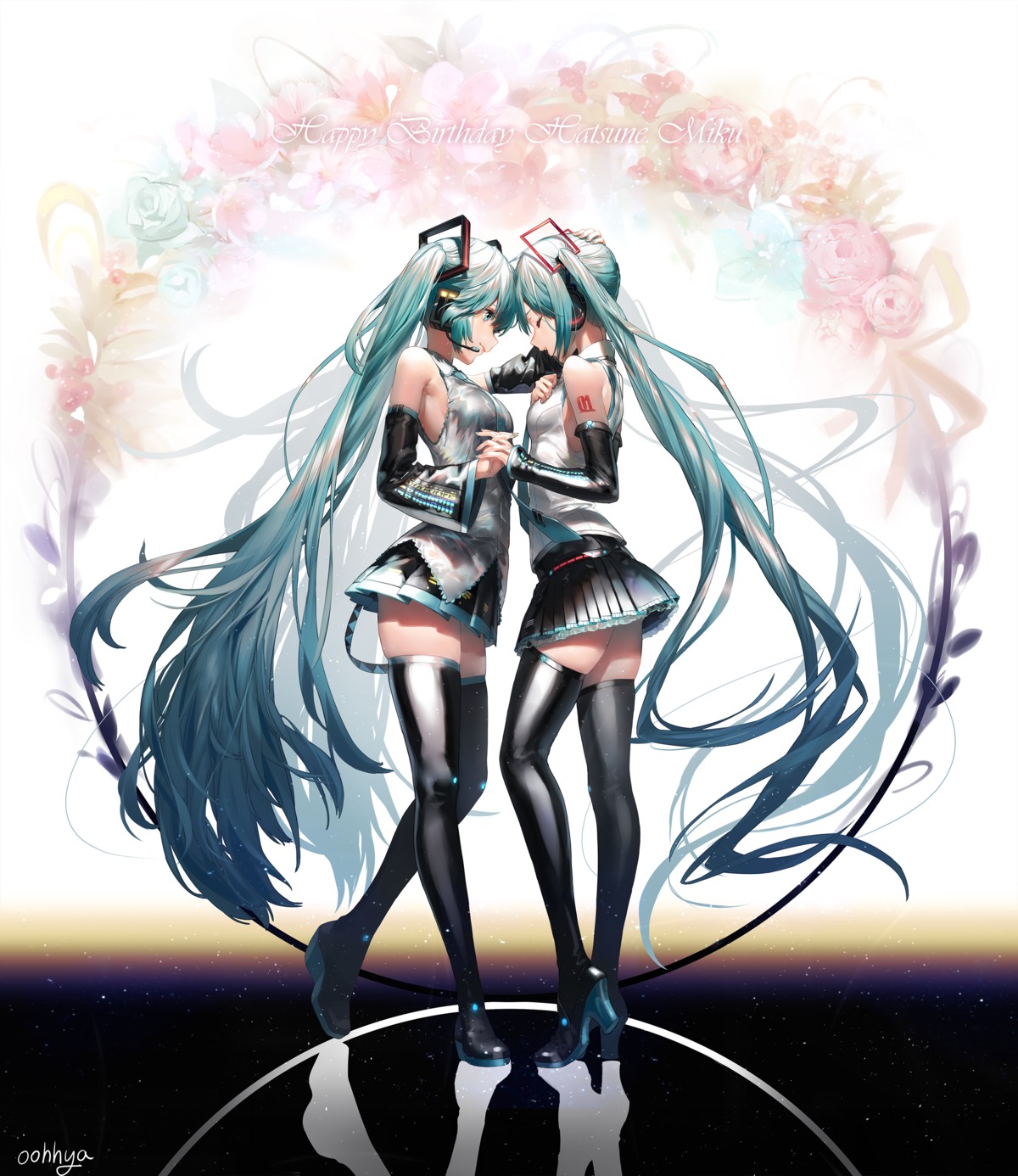 breast_hold hatsune_miku headphones heels no_bra oohhya tattoo thighhighs vocaloid yuri