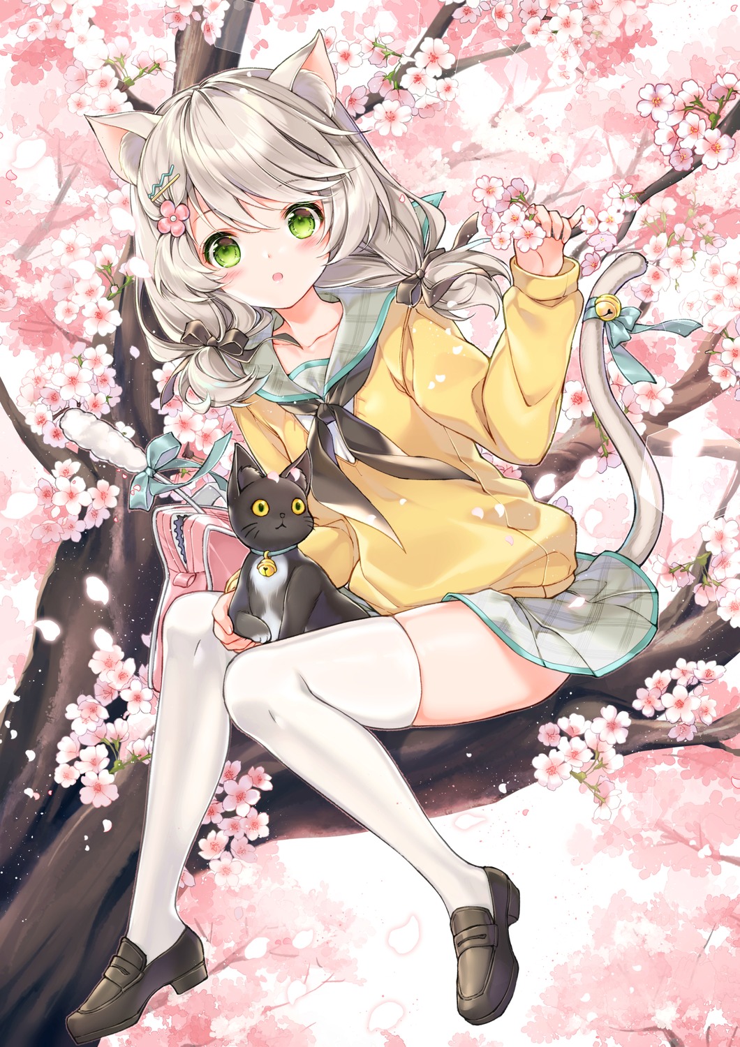 animal_ears juna neko nekomimi seifuku sweater tail thighhighs