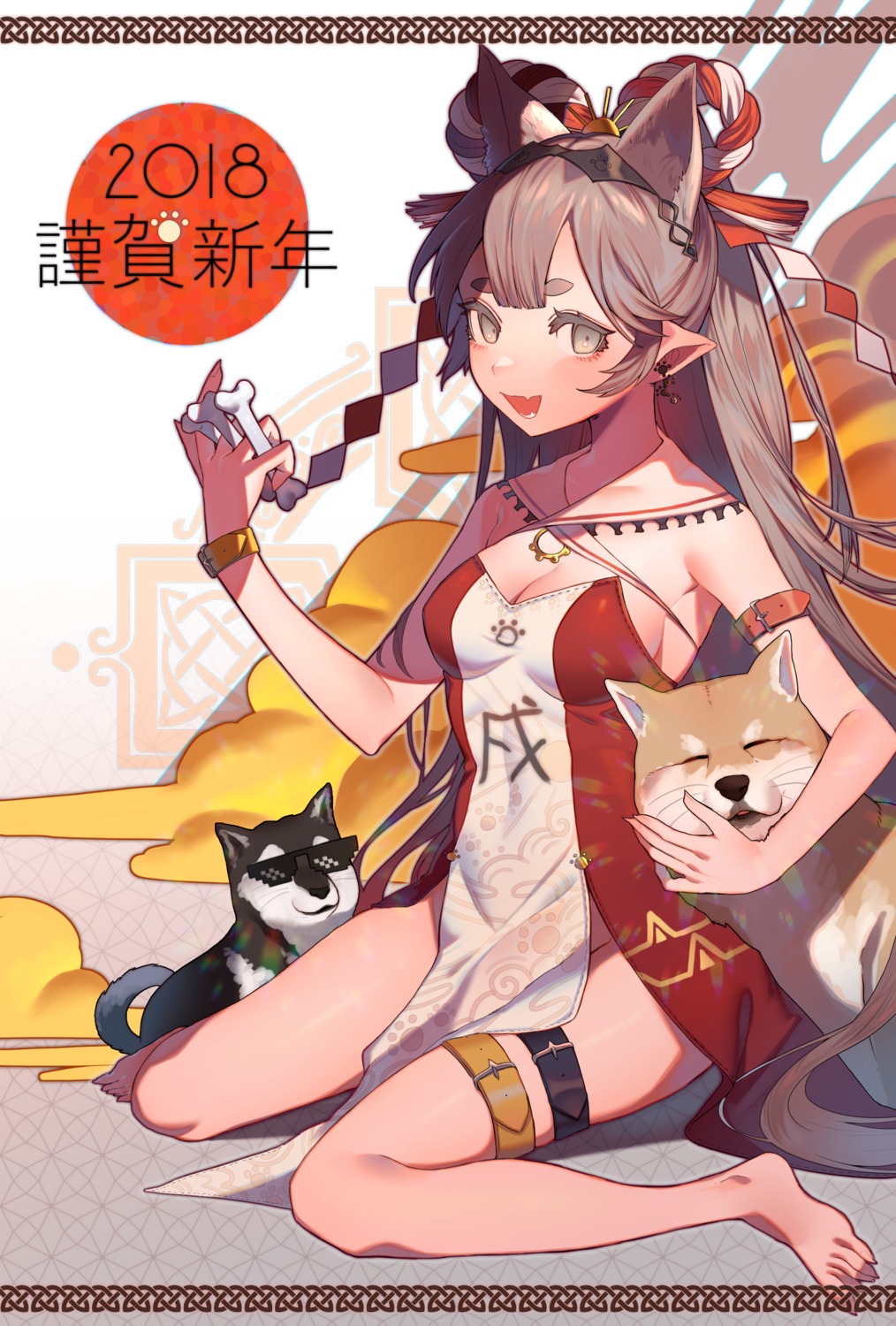 animal_ears cleavage dress garter megane pointy_ears shibainu