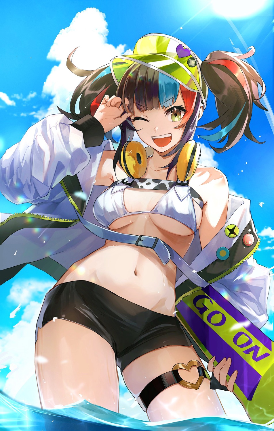 bikini_top fate/grand_order garter headphones hoshi_rasuku open_shirt sei_shounagon_(fate) swimsuits wet