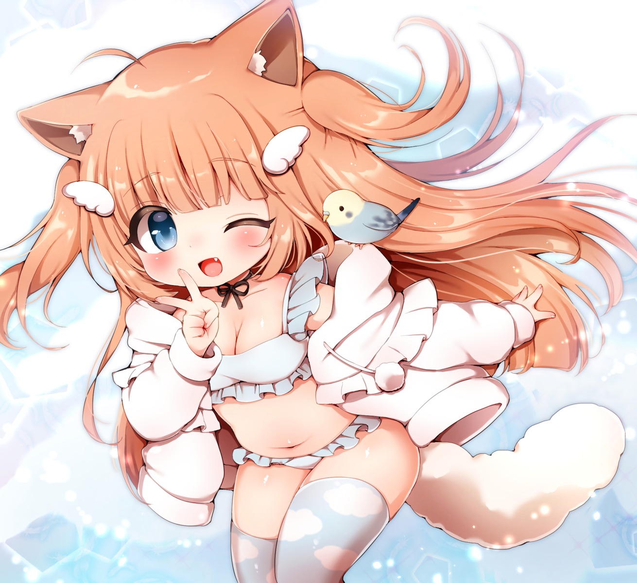 animal_ears bra chibi heterochromia momozu_komamochi open_shirt pantsu tail thighhighs