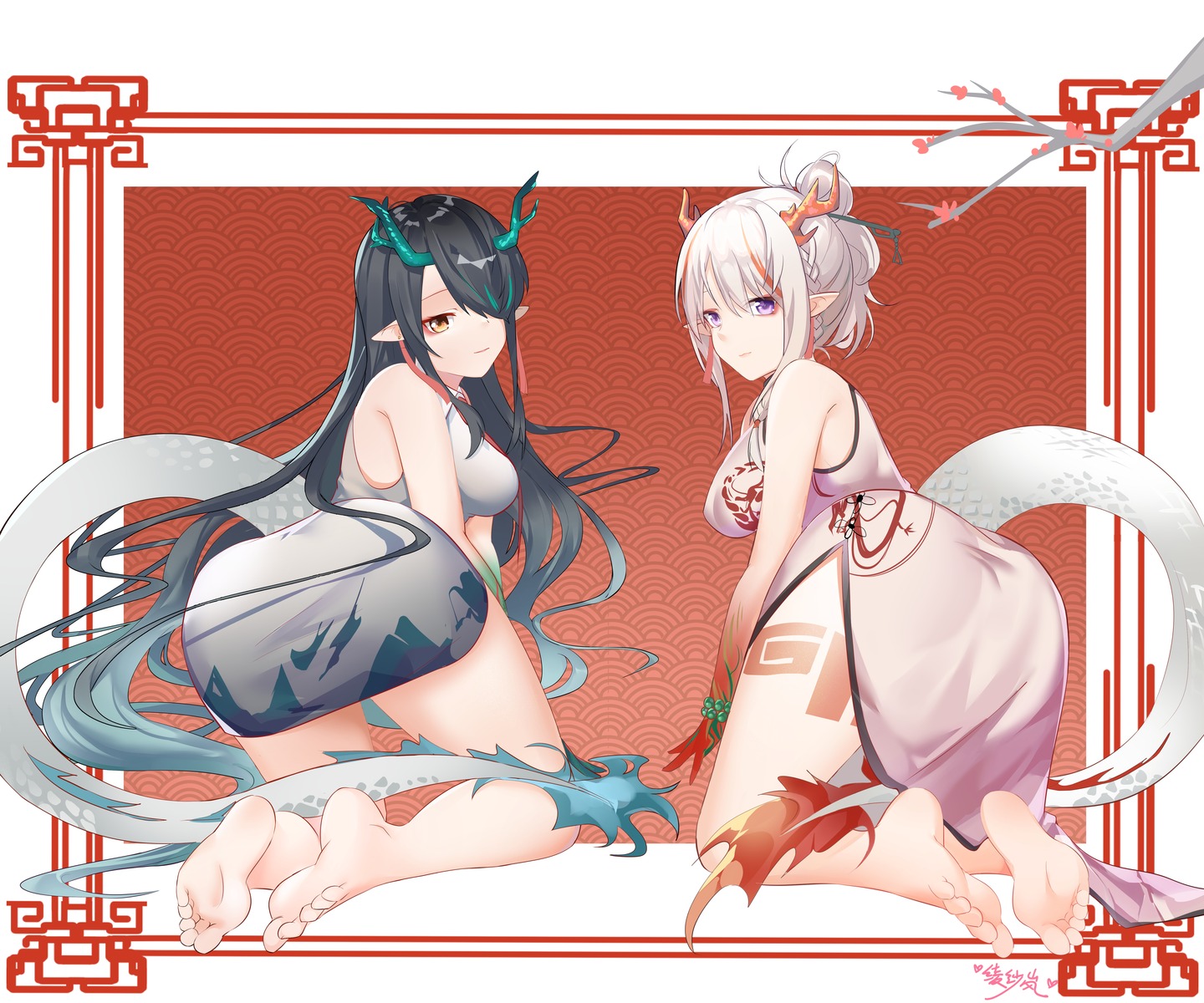 arknights ass chinadress dusk_(arknights) feet horns lingshalan nian_(arknights) pointy_ears tail tattoo