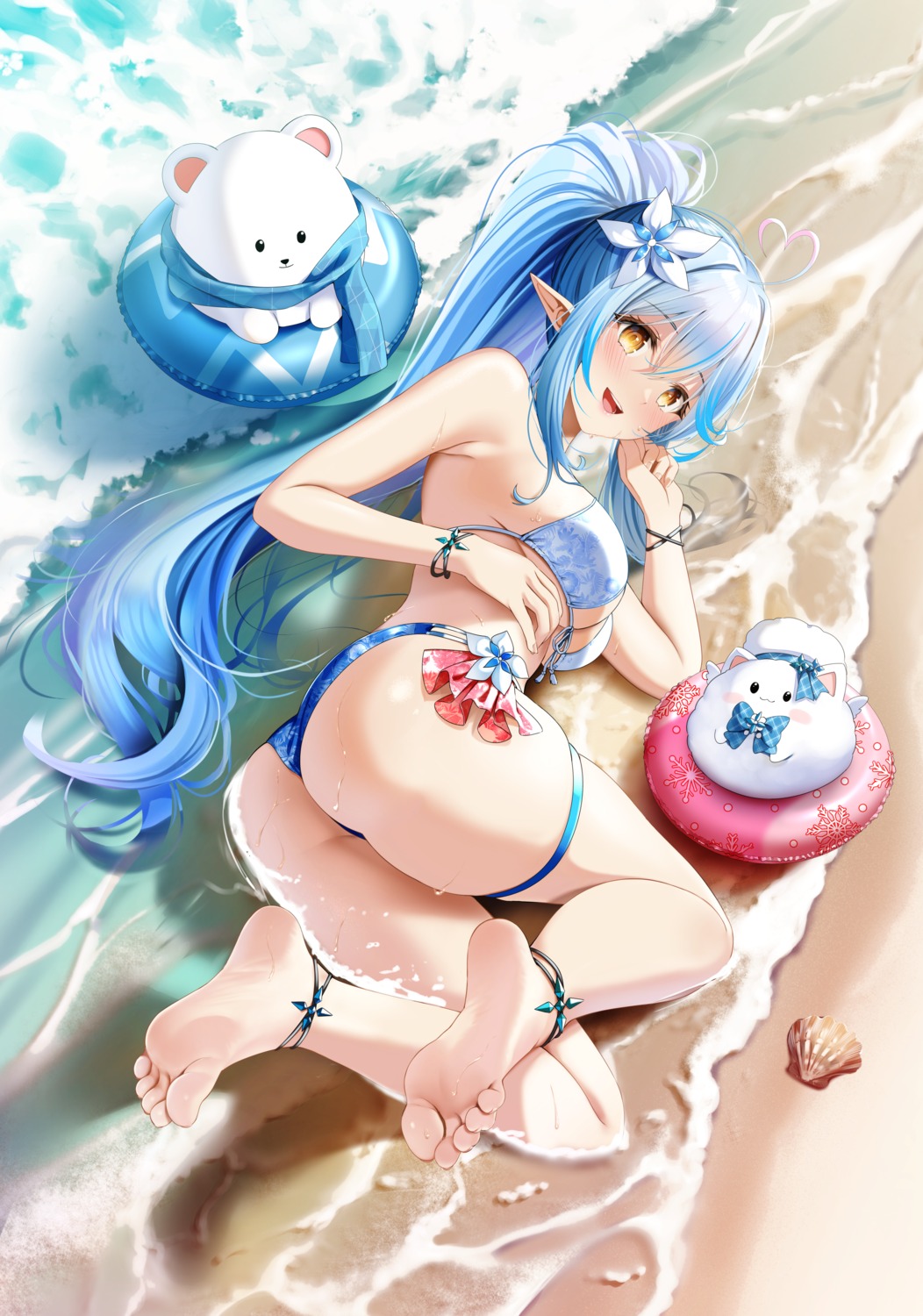 ass bikini casino_(casinoep) da daifuku_(yukihana_lamy) digital_version elf feet garter hololive pointy_ears swimsuits thong wet yukihana_lamy yukimin_(yukihana_lamy)