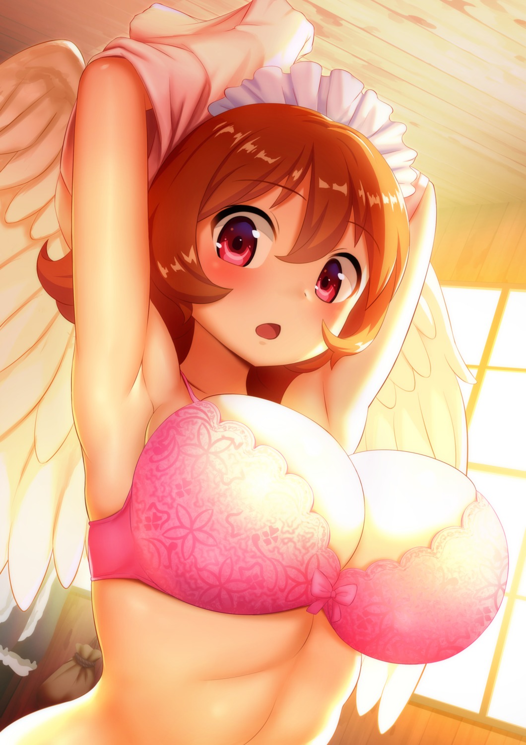 bra ishuzoku_reviewers meidri monster_girl shirt_lift tagme undressing wings