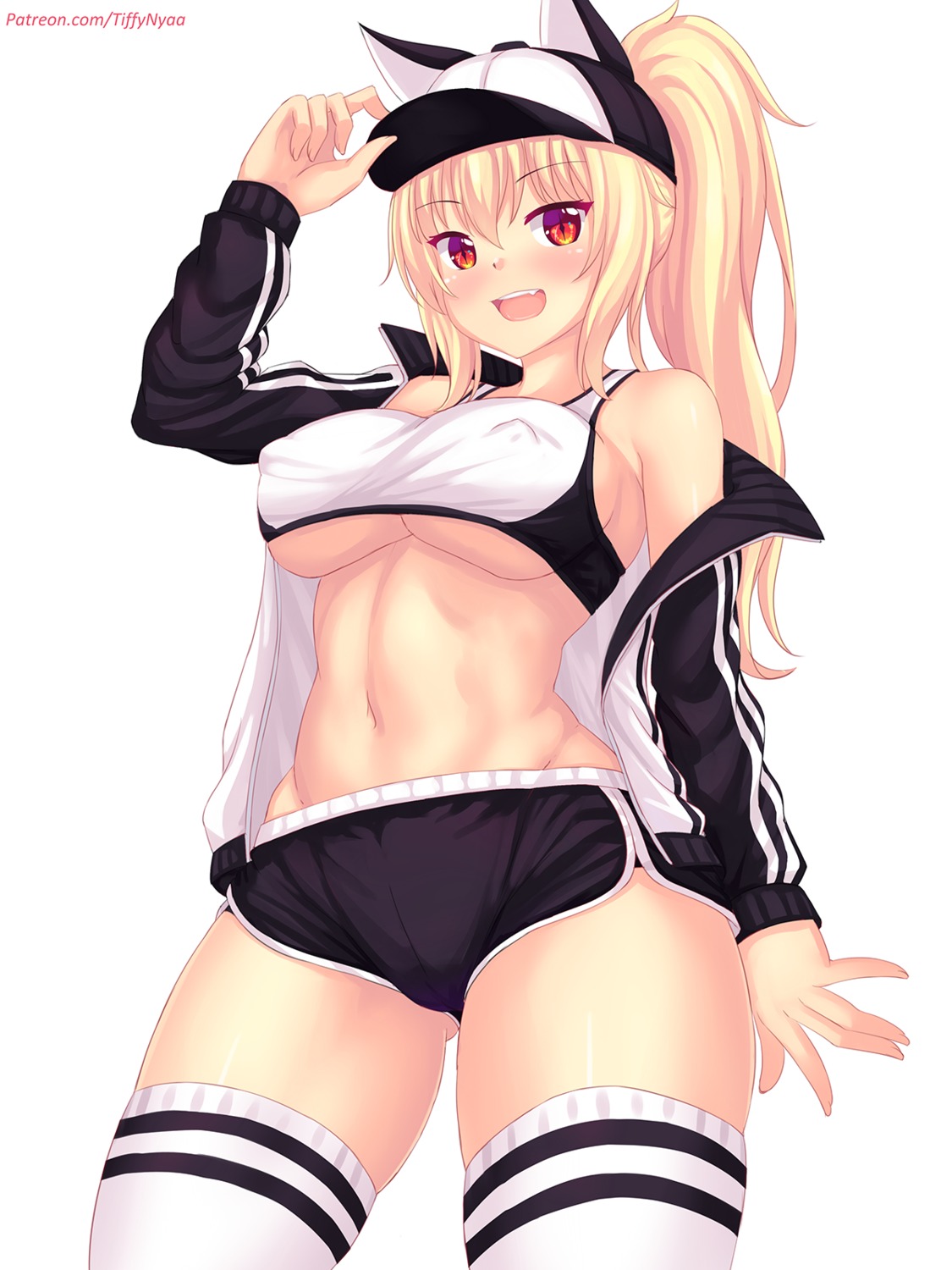 animal_ears erect_nipples fast-runner-2024 gym_uniform no_bra open_shirt thighhighs tiffy