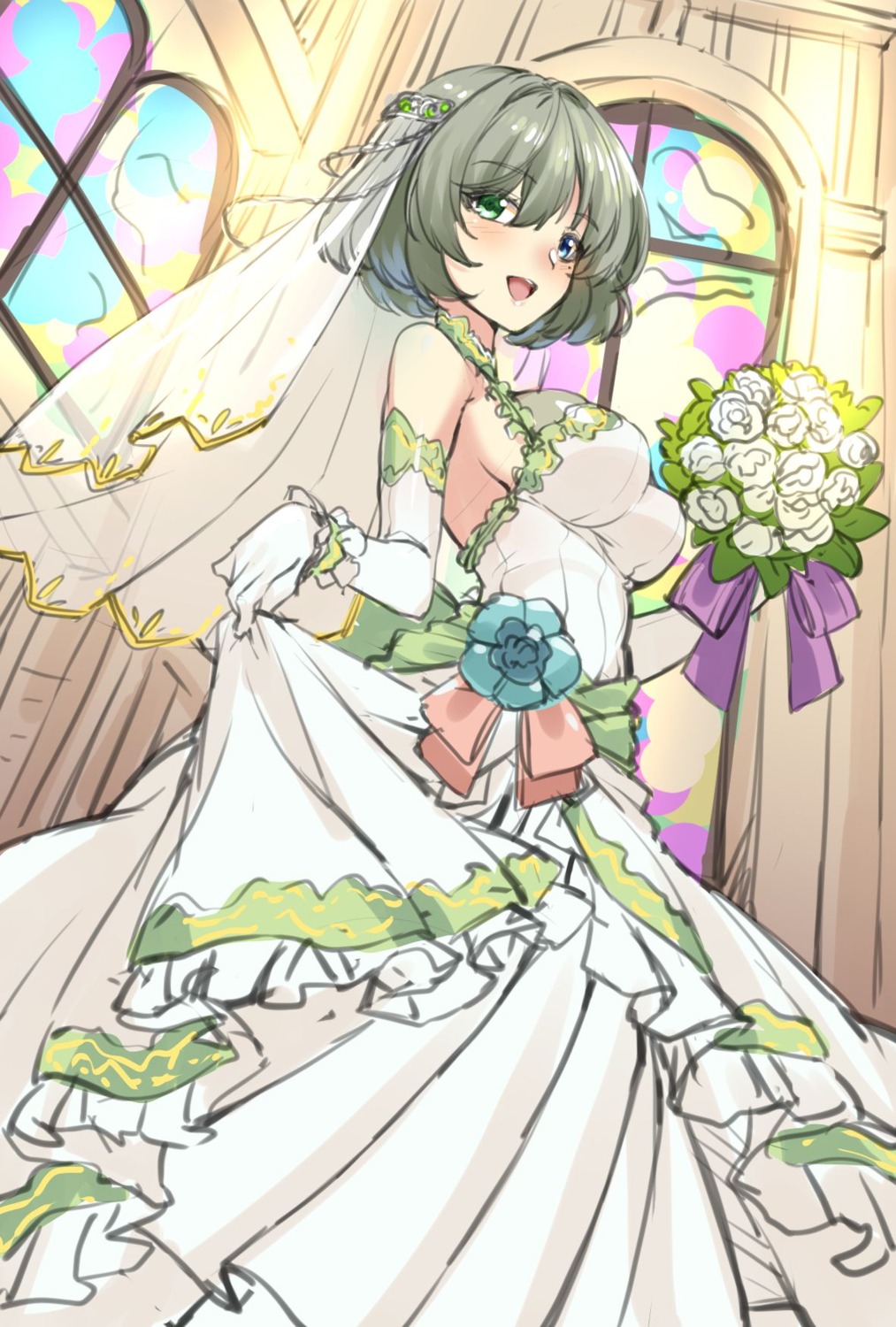 dress heterochromia merufena sketch skirt_lift takagaki_kaede the_idolm@ster the_idolm@ster_cinderella_girls wedding_dress