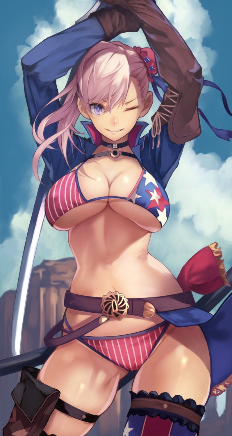 bikini fate/grand_order garter miyamoto_musashi_(fate) swimsuits sword thighhighs underboob yoshio_(55level)