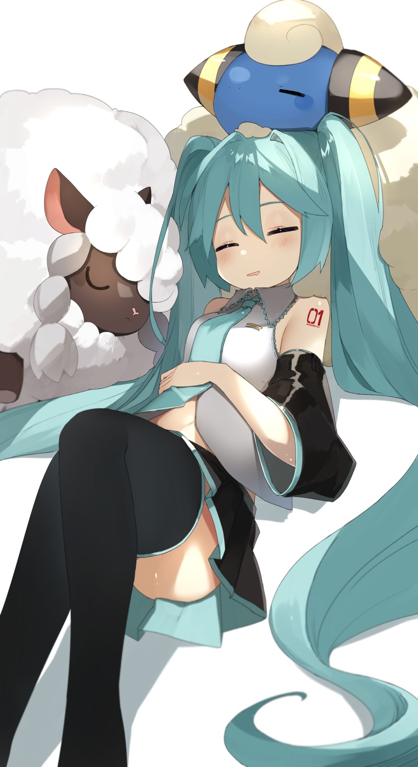 crossover hatsune_miku mareep pokemon reirou_(chokoonnpu) skirt_lift tattoo thighhighs vocaloid wooloo