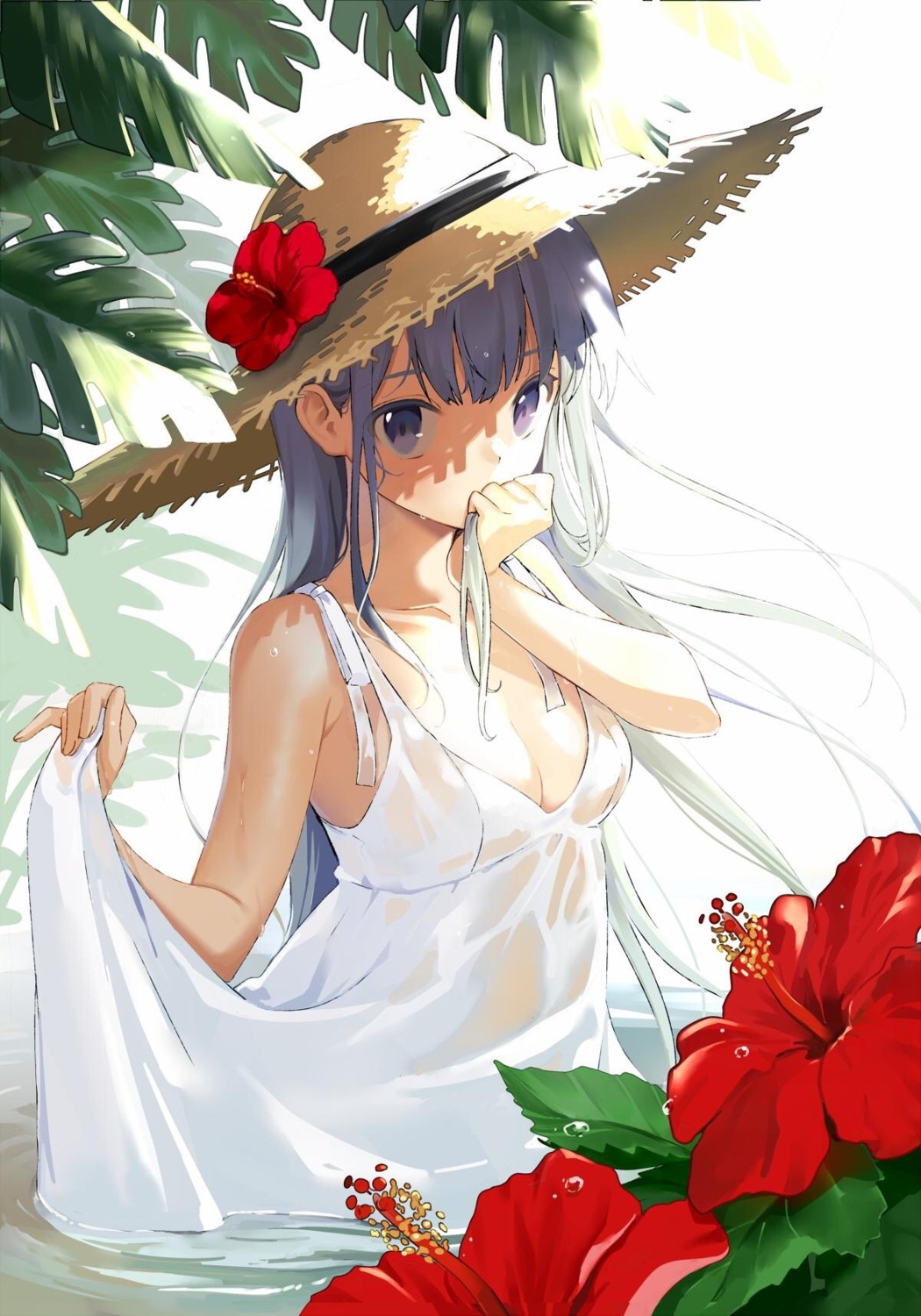 dress no_bra see_through skirt_lift summer_dress urata_asao wet wet_clothes