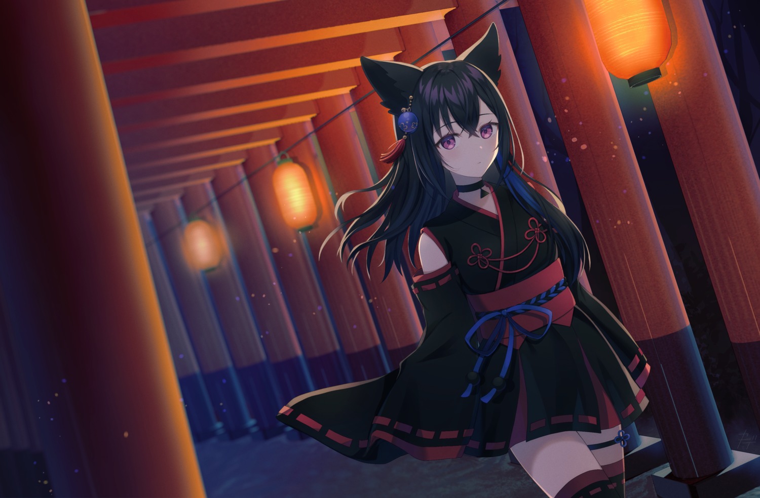 animal_ears garter ichinose_uruha japanese_clothes kuroneko13x lupinus_virtual_games thighhighs vspo!