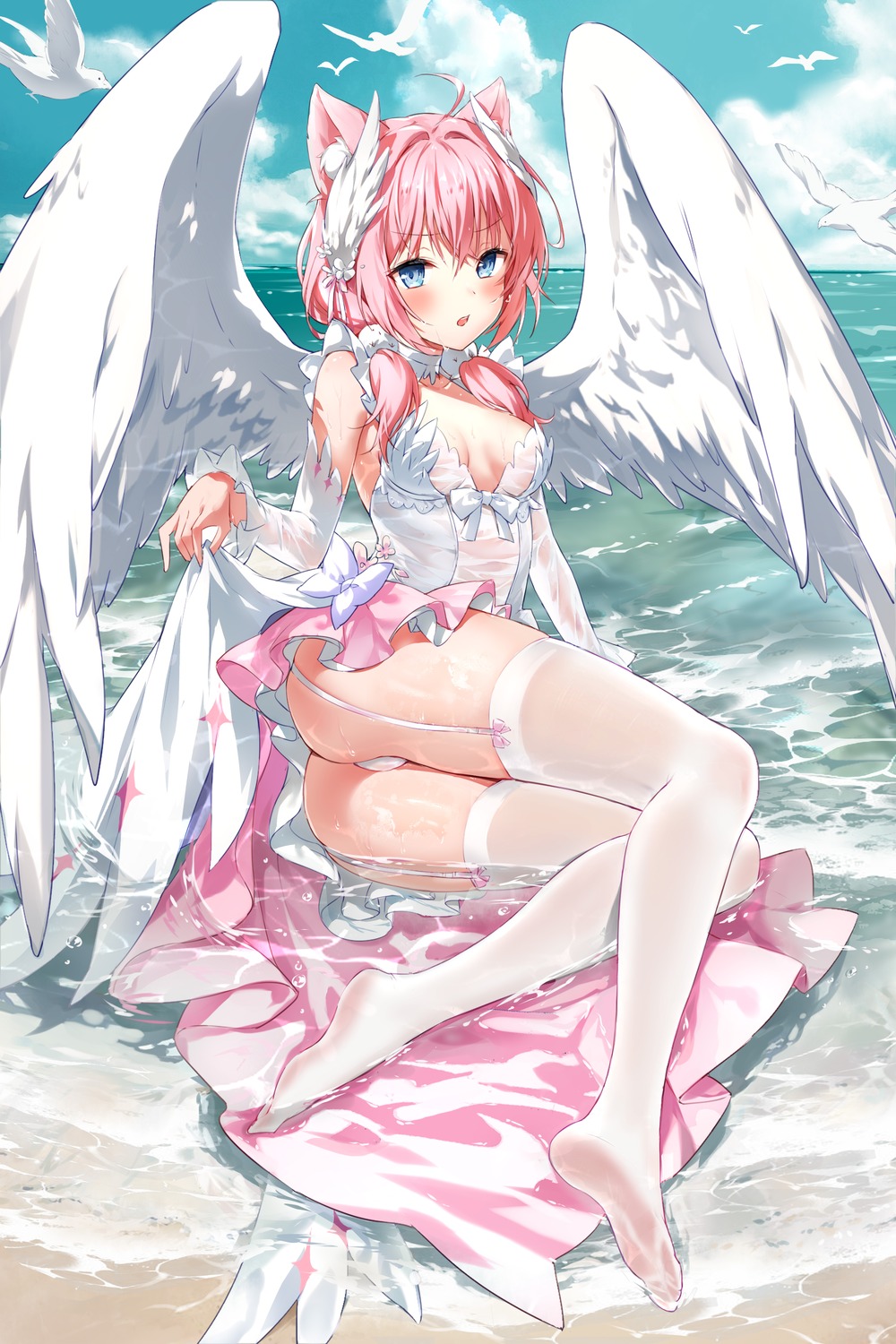 animal_ears ass devil_heavens feet indie_virtual_youtuber nekomimi no_bra pantsu sakurada_hane skirt_lift stockings thighhighs thong wet wet_clothes wings