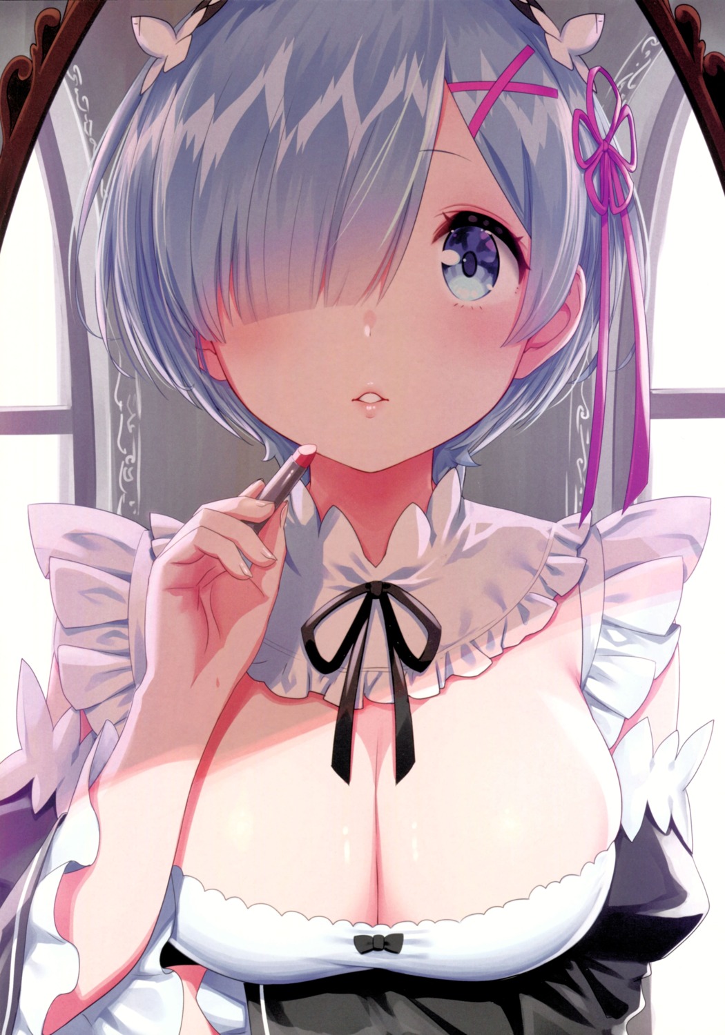 breast_hold cleavage maid no_bra re_zero_kara_hajimeru_isekai_seikatsu rem_(re_zero) yasuyuki