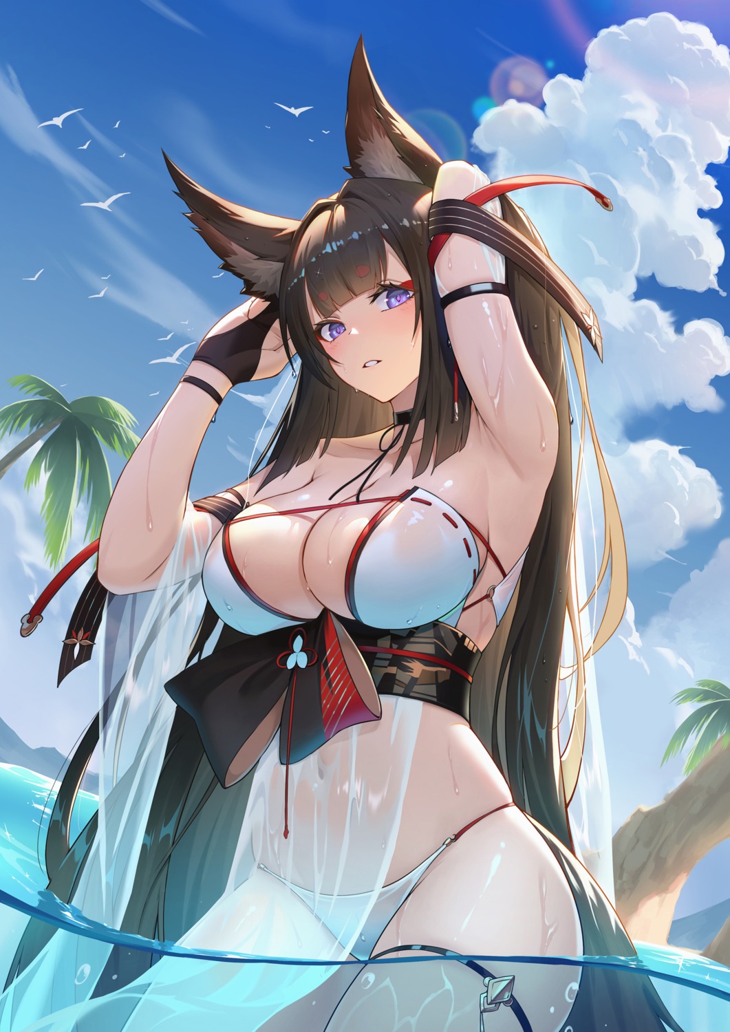 amagi_(azur_lane) animal_ears azur_lane bikini garter kitsune see_through swimsuits tail wet wet_clothes yun_(user367624)