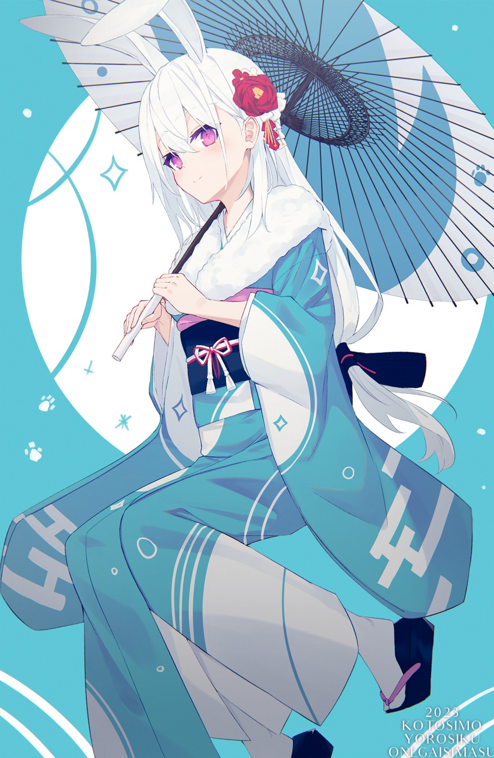 animal_ears bunny_ears kimono nagishiro_mito umbrella