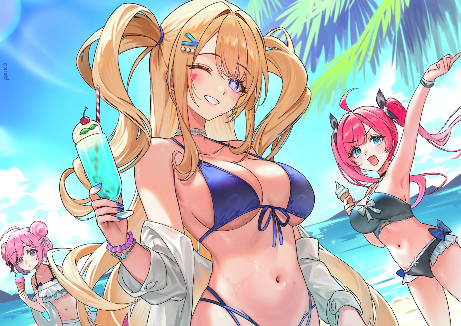 ariko_(aaaaarik) azur_lane bikini dress_shirt guam_(azur_lane) open_shirt san_diego_(azur_lane) saratoga_(azur_lane) see_through swimsuits tattoo wet