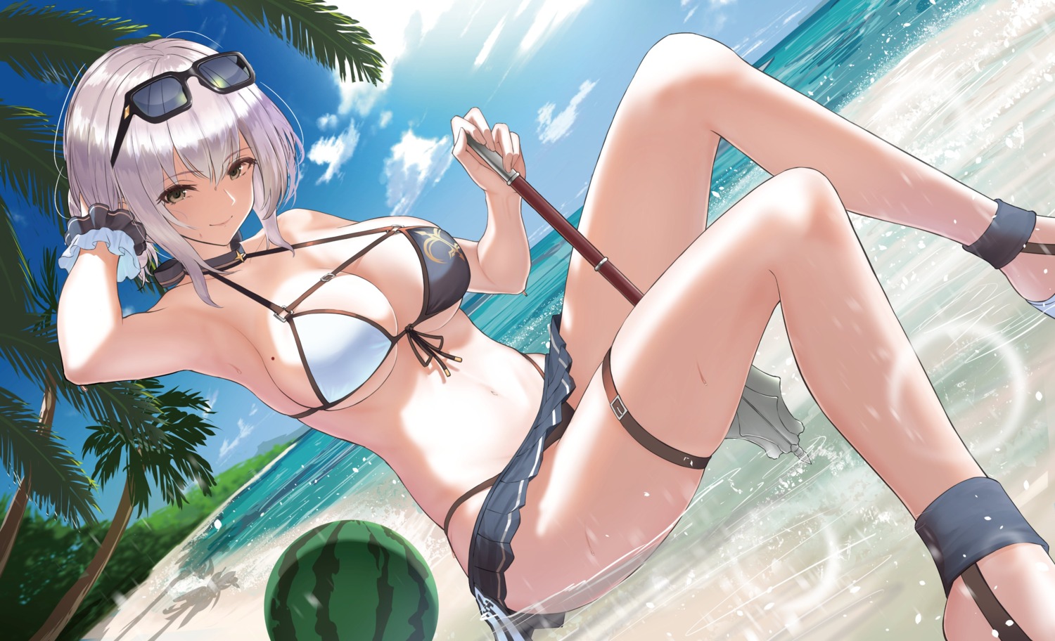 bikini garter hololive megane shirogane_noel skirt_lift swimsuits tagme weapon wet