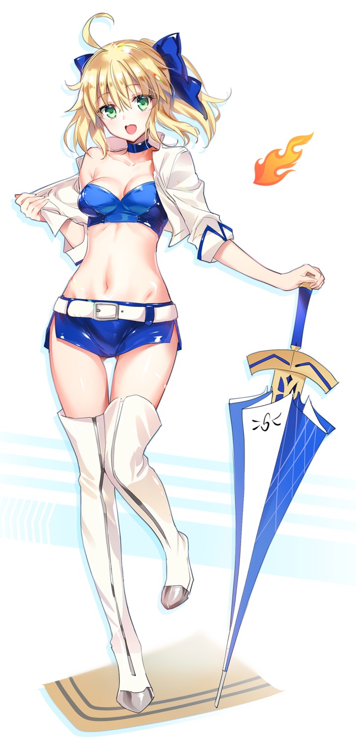 cleavage fate/grand_order fate/stay_night open_shirt saber saber_lily thighhighs umbrella undressing youta