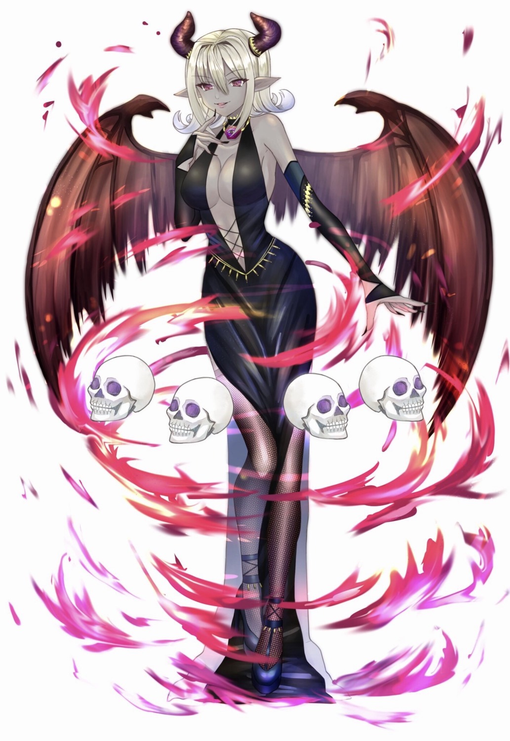 dress fishnets heels horns mymerody4649 no_bra pantyhose pointy_ears wings