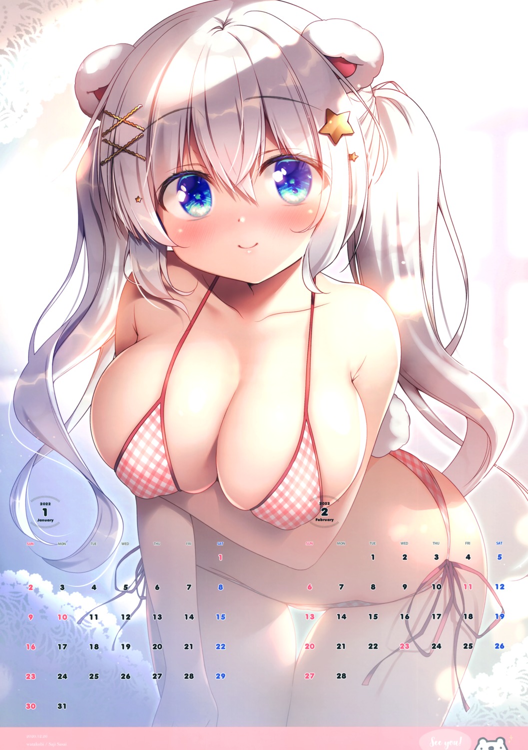 animal_ears bra breast_hold calendar momo_(sasai_saji) pantsu sasai_saji watakubi