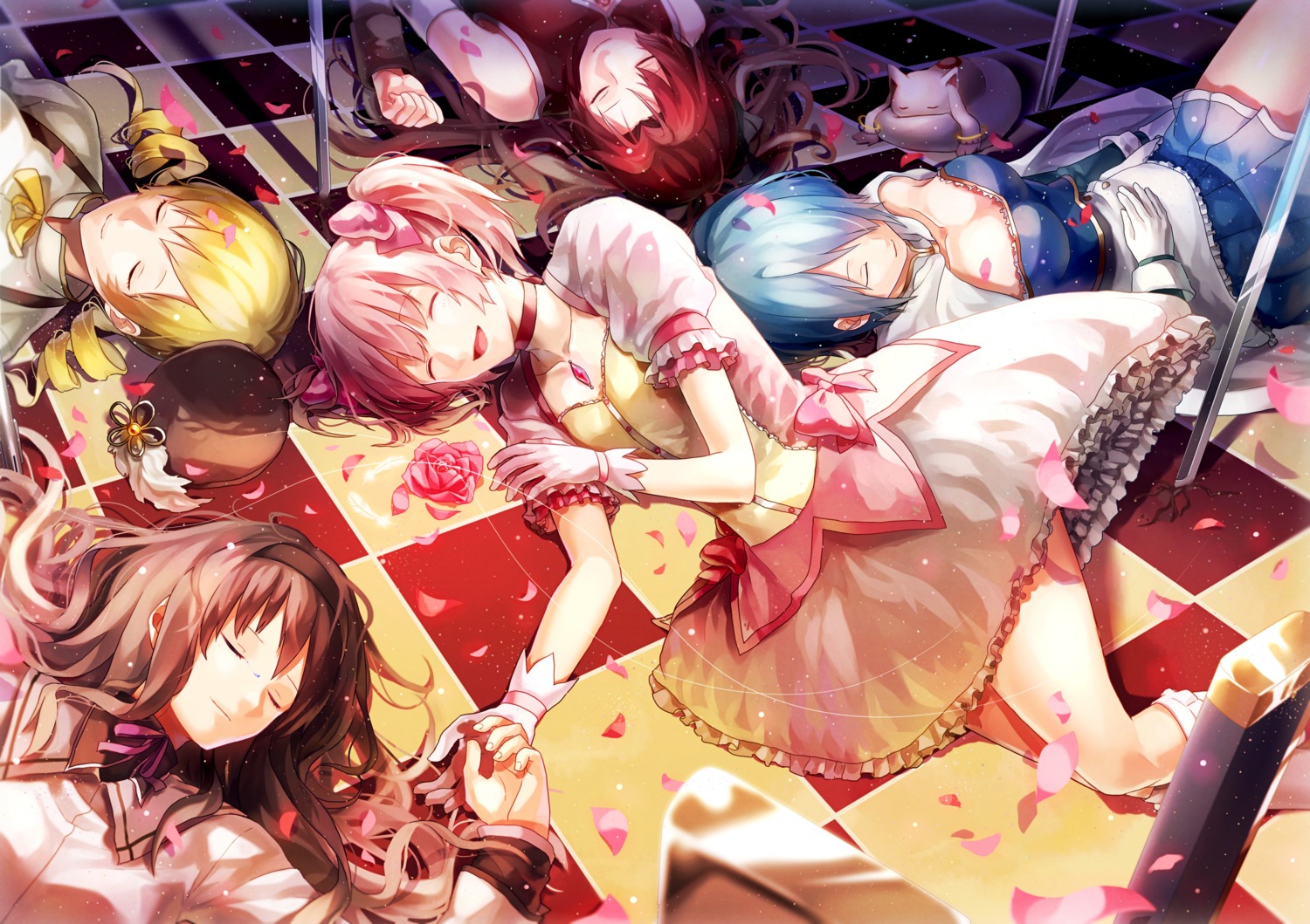 akemi_homura cleavage kaname_madoka kyubey mahou_shoujo_madoka_magica miki_sayaka p.rupon sakura_kyouko sword tomoe_mami