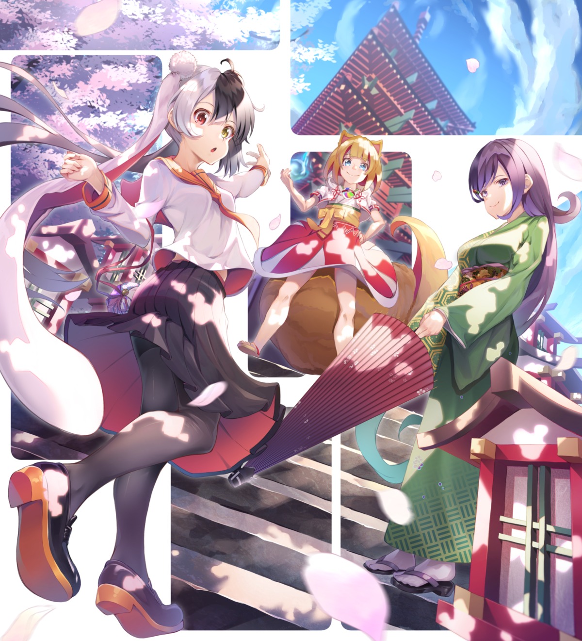 akausuko animal_ears heels japanese_clothes kimono pantyhose seifuku shirt_lift skirt_lift tail umbrella