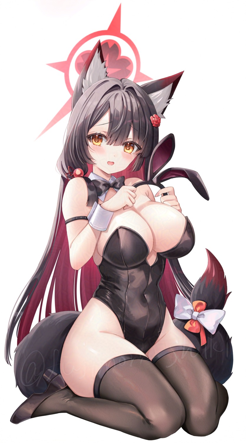 animal_ears blue_archive bunny_girl fujimori_shiki halo heels kitsune kosaka_wakamo no_bra tail thighhighs