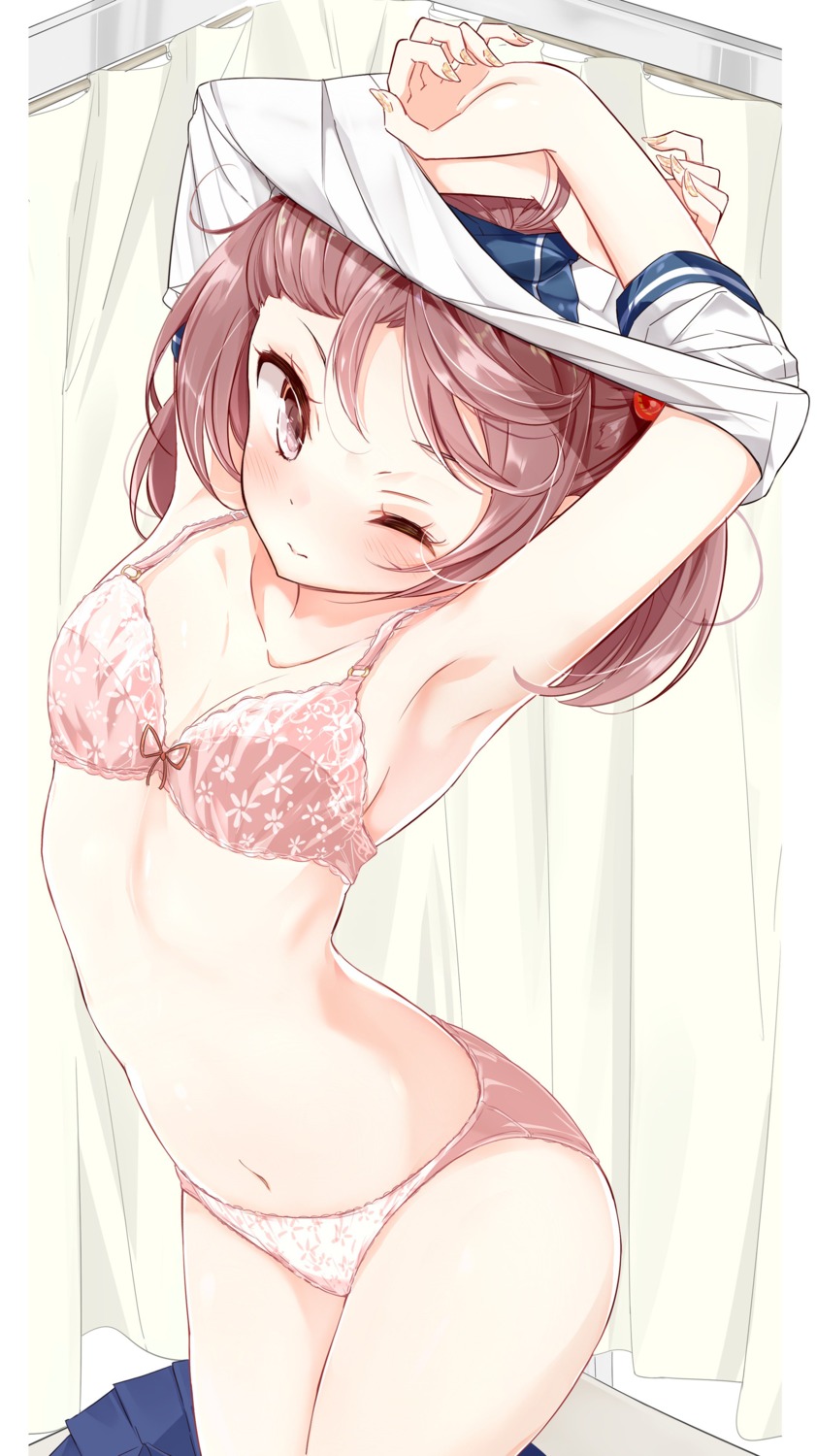 bra cleavage hamaken kantai_collection pantsu sazanami_(kancolle) seifuku shirt_lift undressing