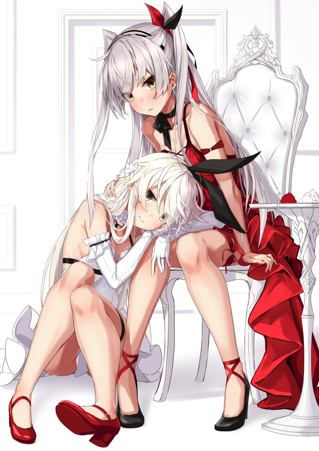 amatsukaze_(kancolle) dress heels kantai_collection no_bra shimakaze_(kancolle) skirt_lift takanashi_kei_(hitsujikan)