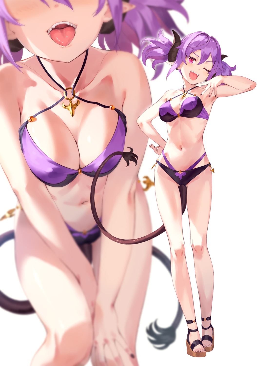 bikini breast_hold cleavage heels horns kinta_(distortion) swimsuits tail