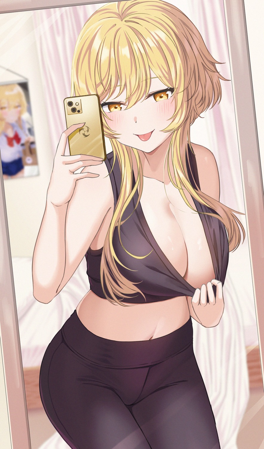 genshin_impact lumine no_bra o-los selfie shirt_lift undressing