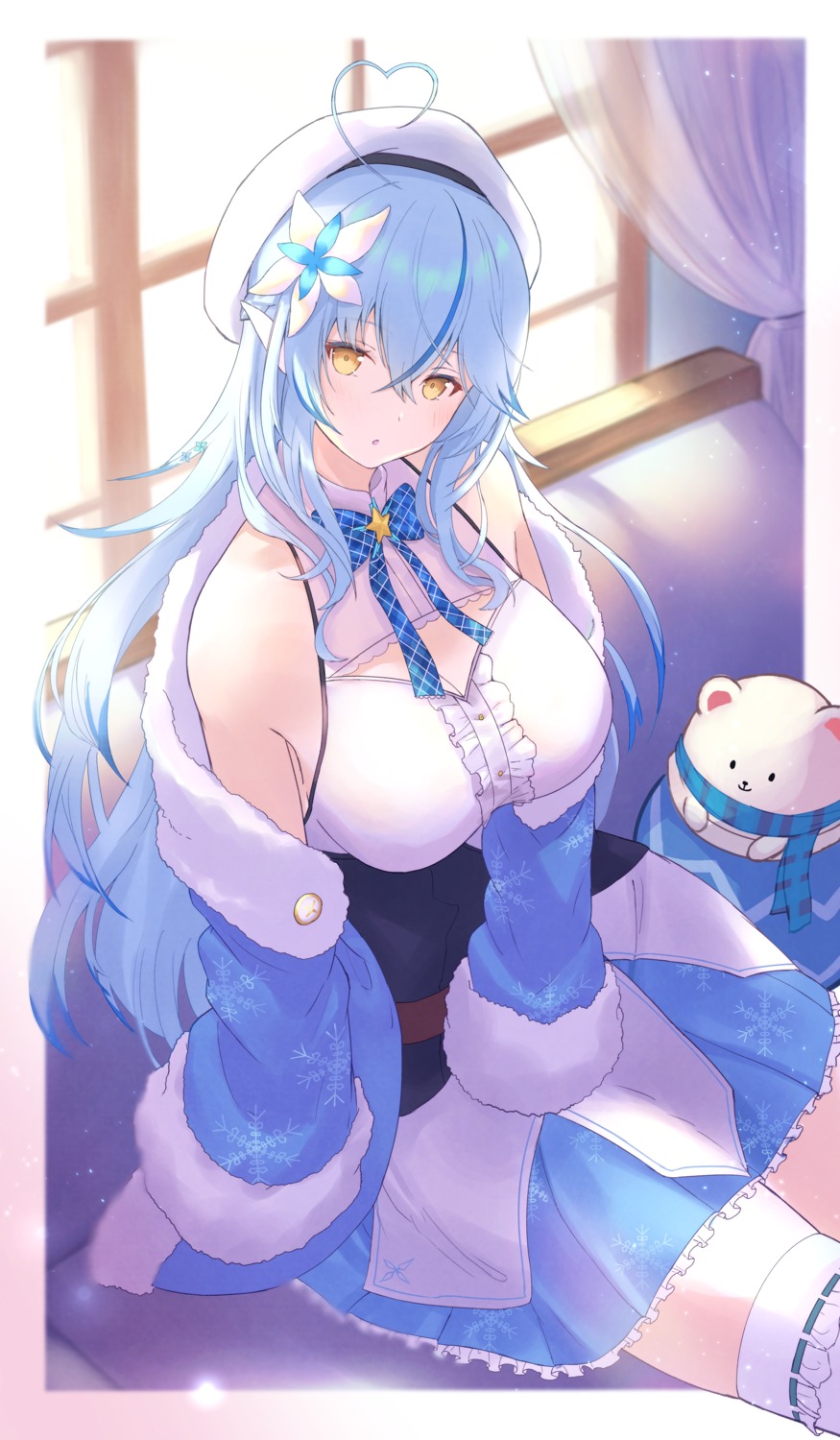 cleavage elf gore_(white_gore) hololive pointy_ears thighhighs yukihana_lamy