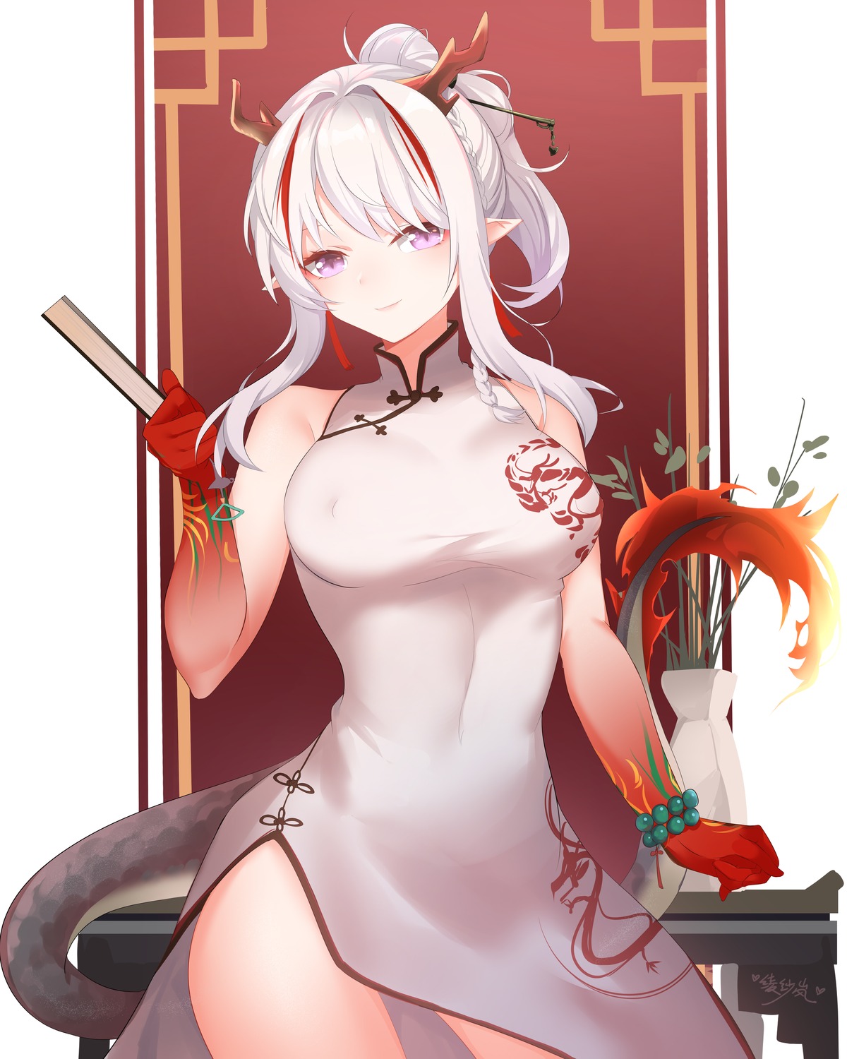 arknights chinadress erect_nipples horns lingshalan nian_(arknights) no_bra pointy_ears tail