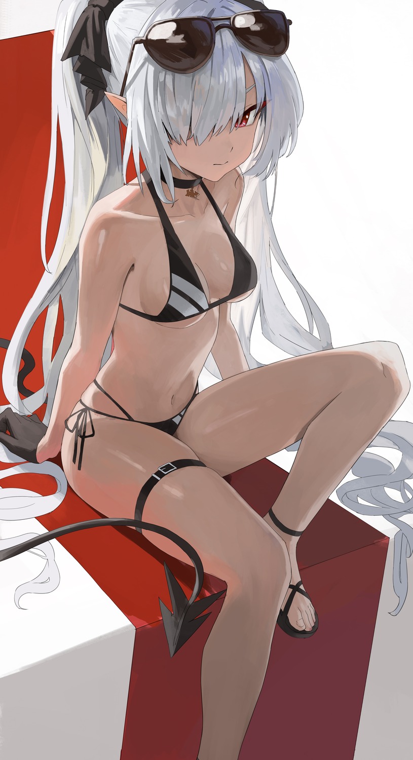 1-5iro bikini blue_archive devil garter halo megane pointy_ears shiromi_iori swimsuits tail thong