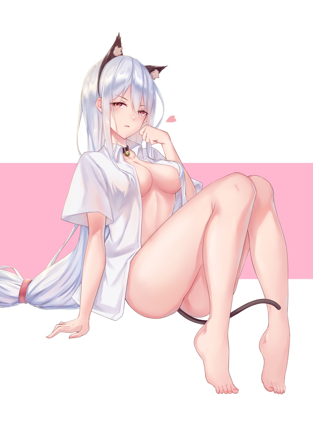 animal_ears arknights bottomless dress_shirt feet nekomimi no_bra open_shirt sing_shuixing skadi_(arknights) tail