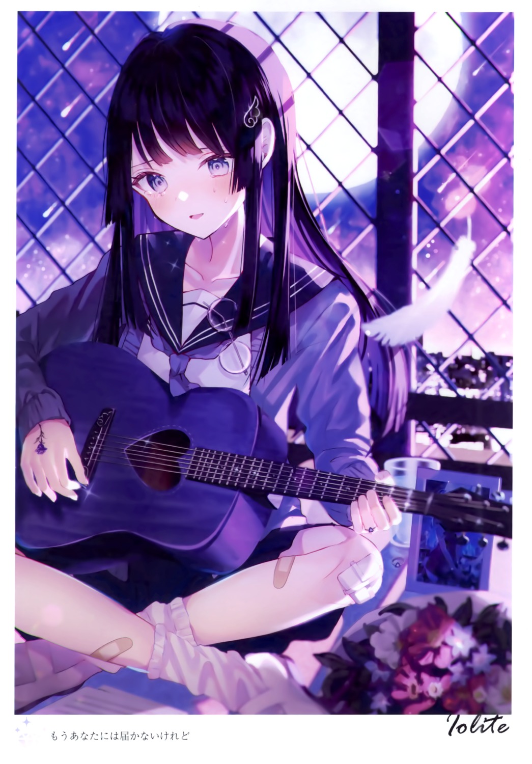 bandaid guitar megane reeka_room reekaruru seifuku sweater tattoo