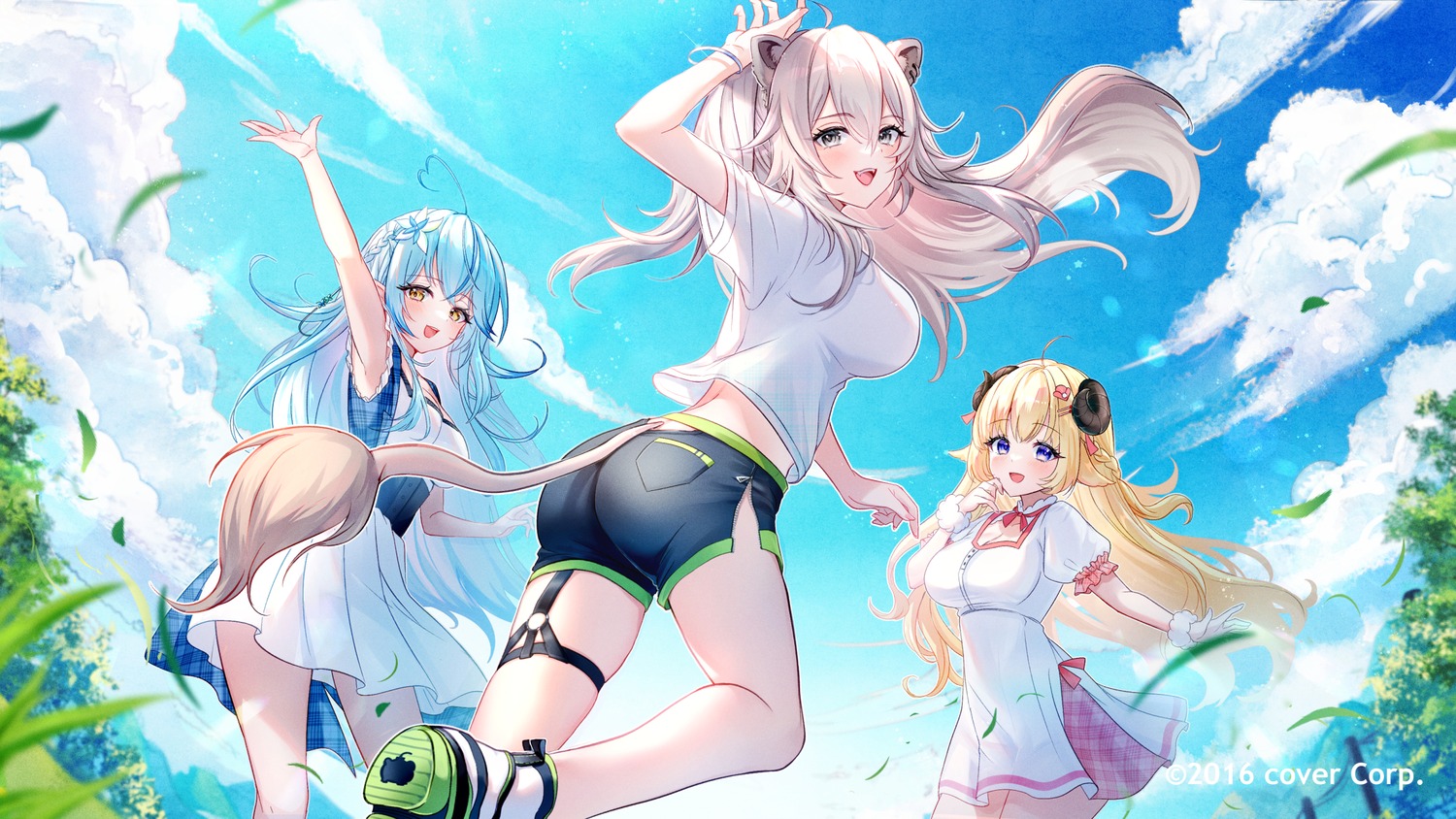 animal_ears ass dress elf garter hololive horns jura pointy_ears shishiro_botan tail tsunomaki_watame yukihana_lamy